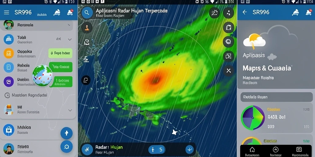 Antarmuka aplikasi SR996 menampilkan radar hujan interaktif dan informasi cuaca terkini.